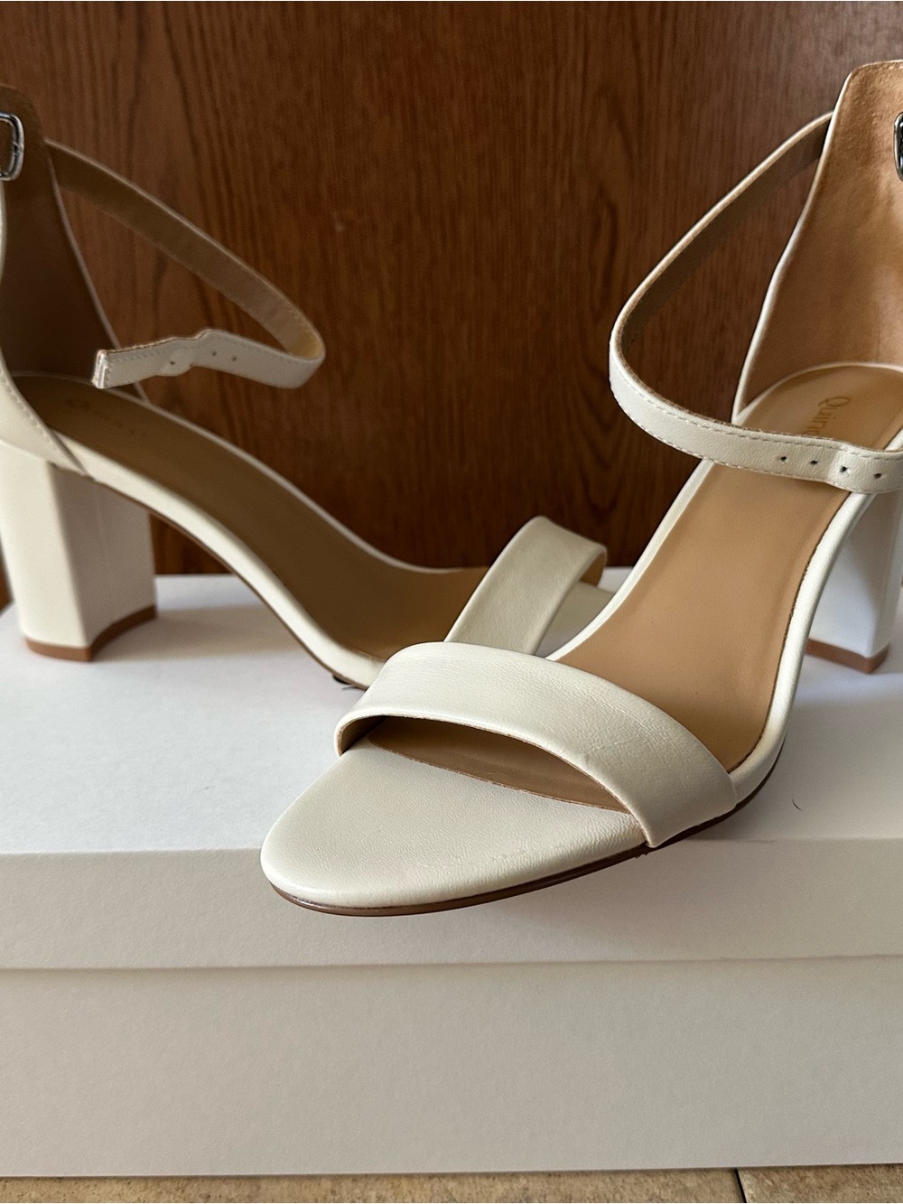 Quince Cream Block Heel Sandals with Ankle Strap